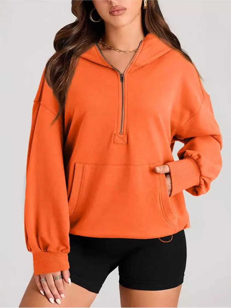 Sweatshirts & Hoodies - Kangaroo Pouch Half Zip up Women Hoodie