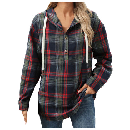 Sweatshirts & Hoodies - Plaid Flannel Hooded Pullover Tops