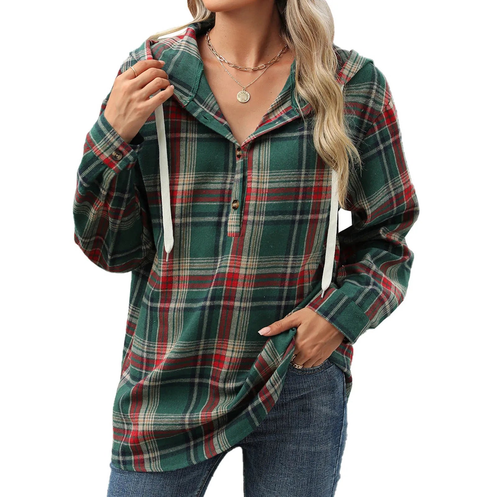 Sweatshirts & Hoodies - Plaid Flannel Hooded Pullover Tops