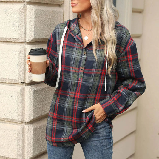 Sweatshirts & Hoodies - Plaid Flannel Hooded Pullover Tops