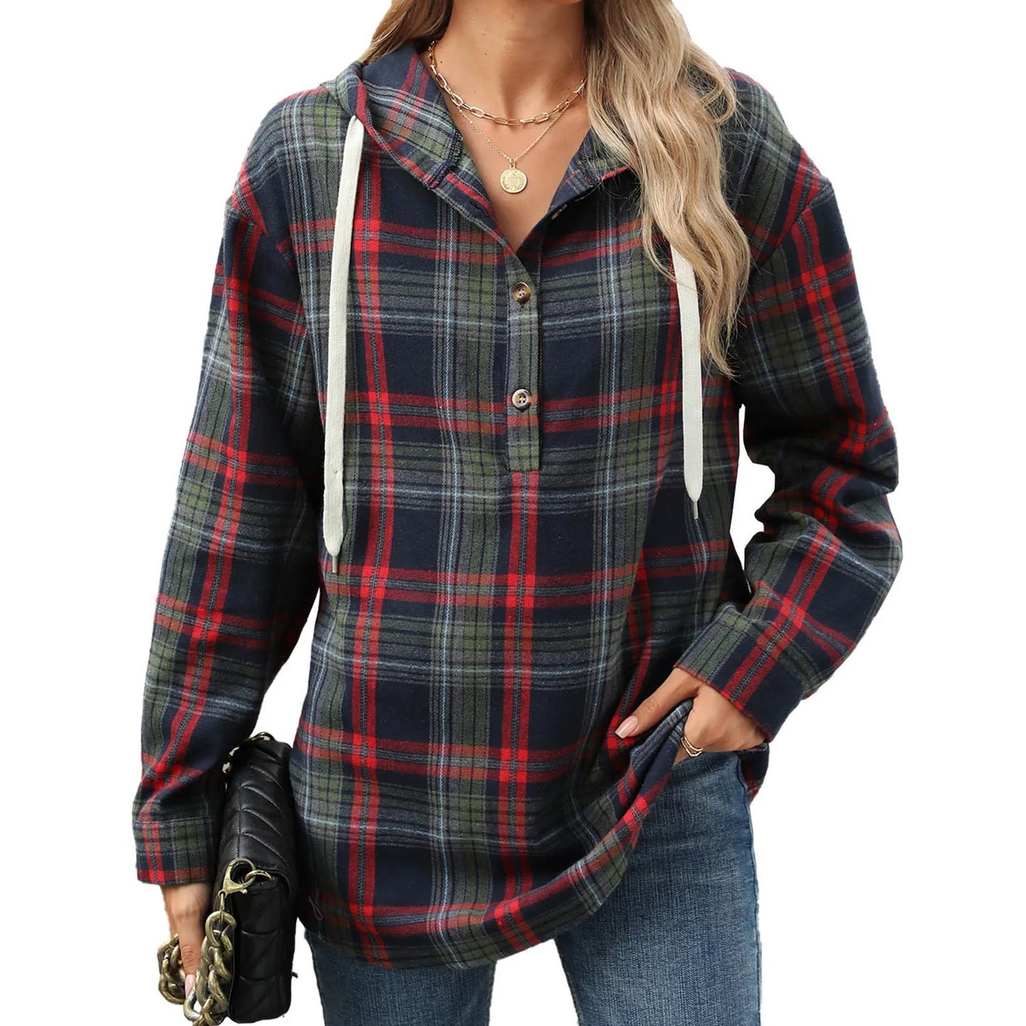 Sweatshirts & Hoodies - Plaid Flannel Hooded Pullover Tops