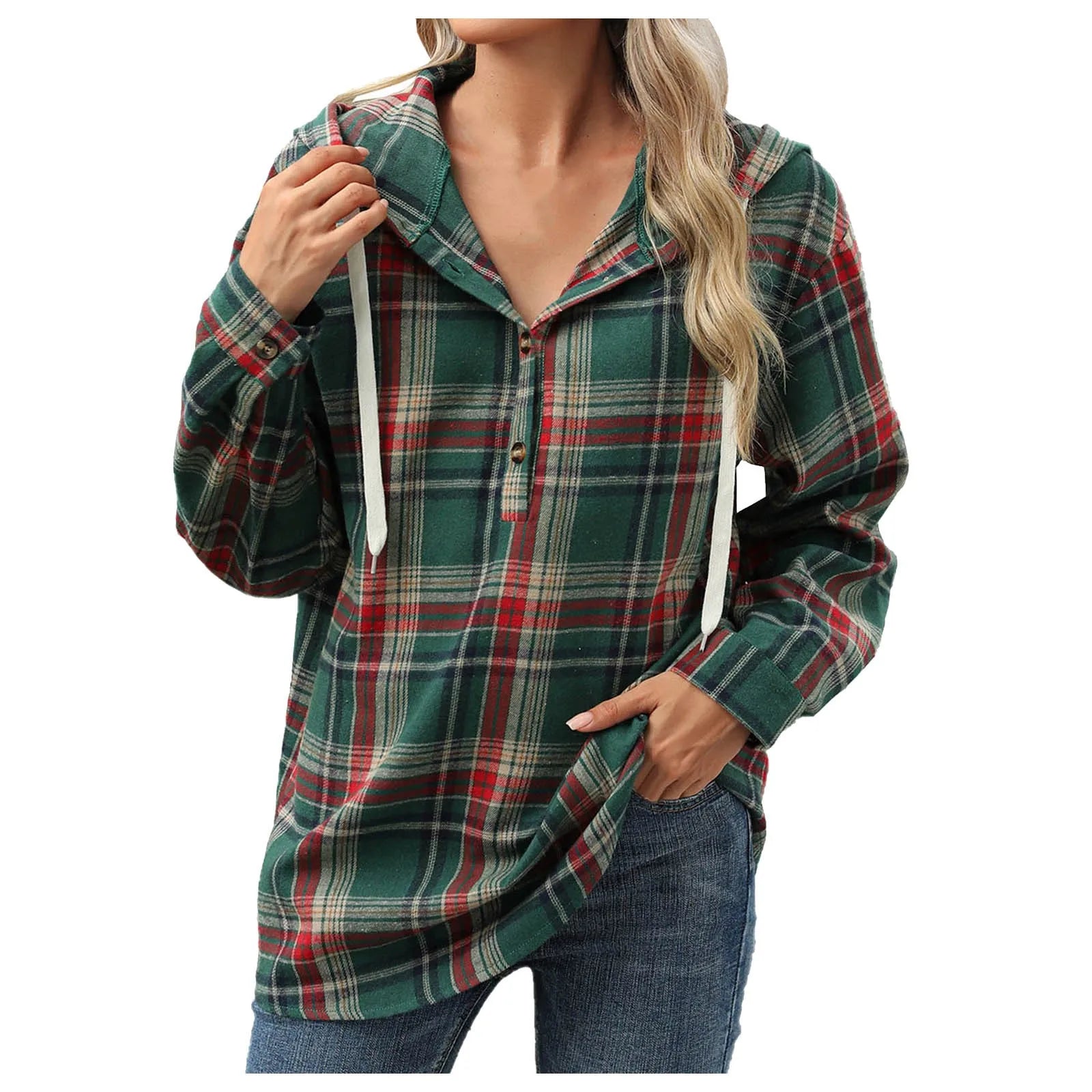 Sweatshirts & Hoodies - Plaid Flannel Hooded Pullover Tops