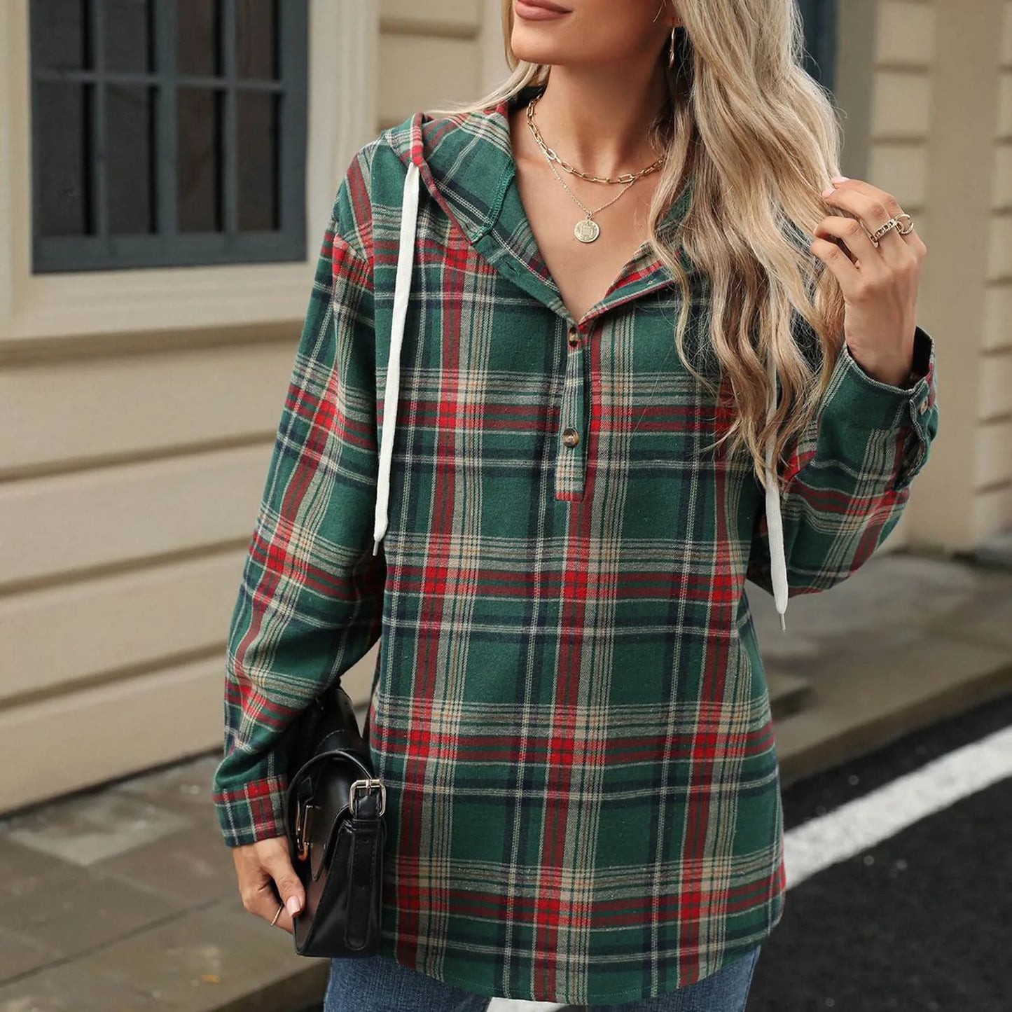 Sweatshirts & Hoodies - Plaid Flannel Hooded Pullover Tops