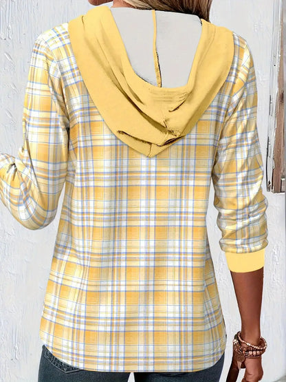 Sweatshirts - Lightweight Hooded Plaid Shirt Buttoned Sweatshirt