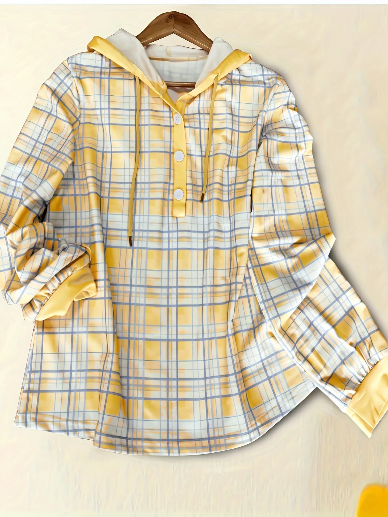 Sweatshirts - Lightweight Hooded Plaid Shirt Buttoned Sweatshirt