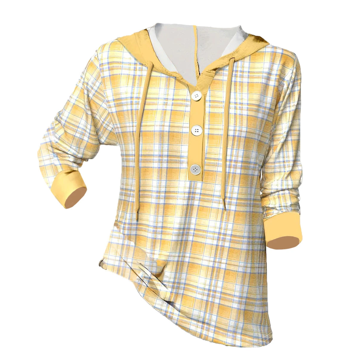 Sweatshirts - Lightweight Hooded Plaid Shirt Buttoned Sweatshirt