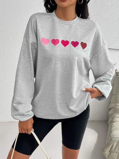 Sweatshirts- Lively Hearts Print Oversized Gray Sweatshirts