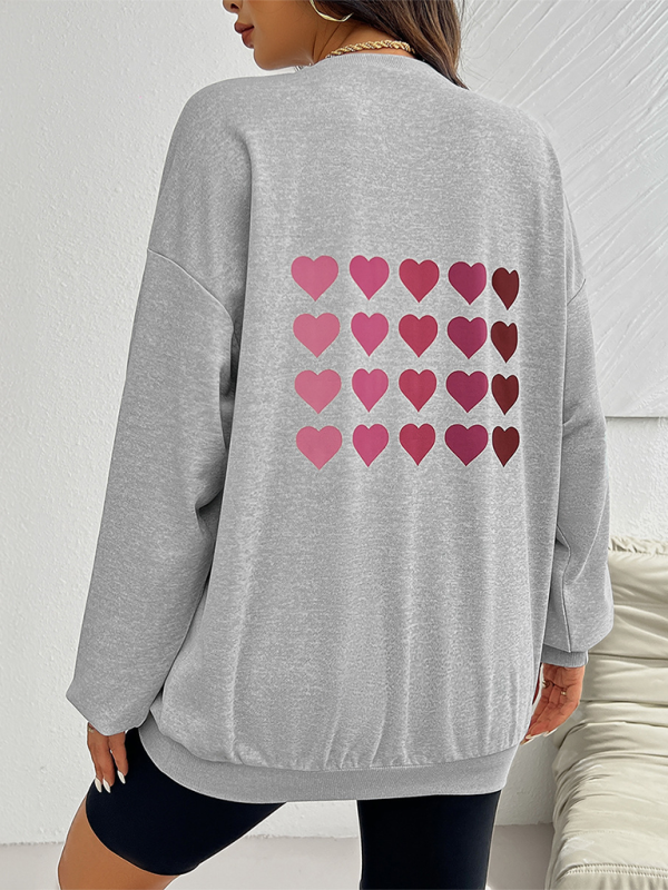 Sweatshirts- Lively Hearts Print Oversized Gray Sweatshirts