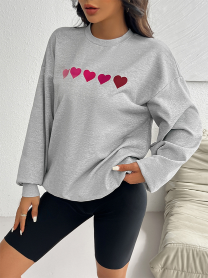 Sweatshirts- Lively Hearts Print Oversized Gray Sweatshirts