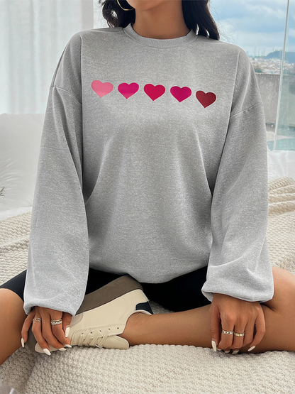 Sweatshirts- Lively Hearts Print Oversized Gray Sweatshirts