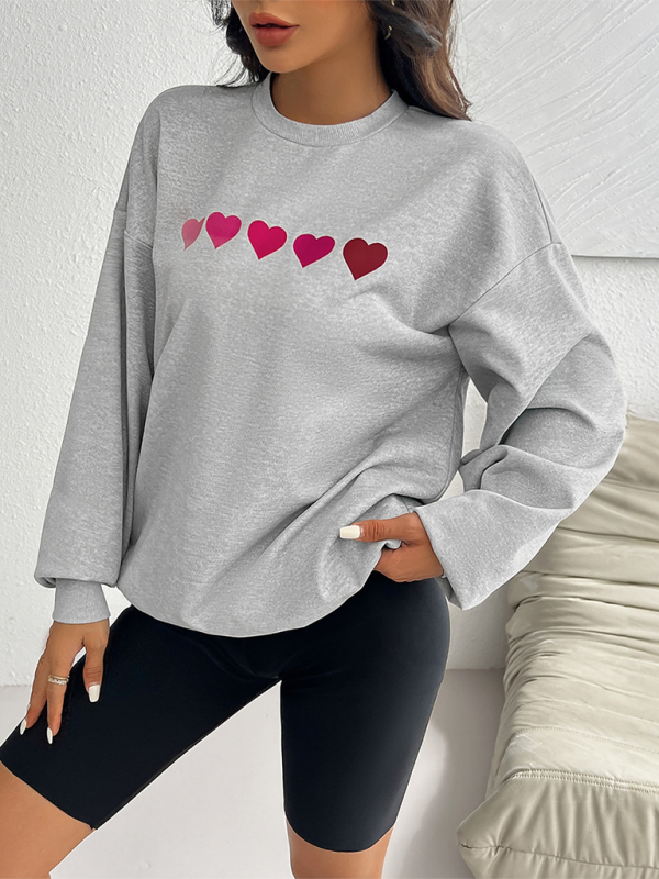 Sweatshirts- Lively Hearts Print Oversized Gray Sweatshirts