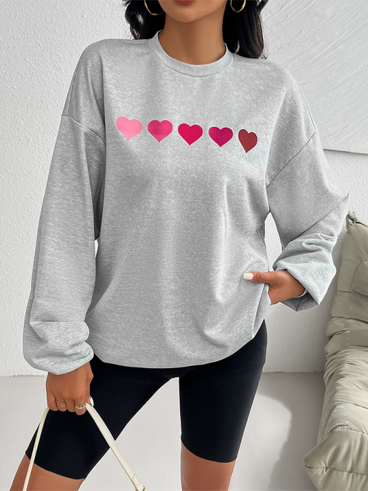 Sweatshirts- Lively Hearts Print Oversized Gray Sweatshirts