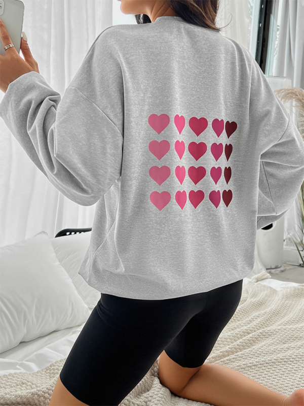 Sweatshirts- Lively Hearts Print Oversized Gray Sweatshirts