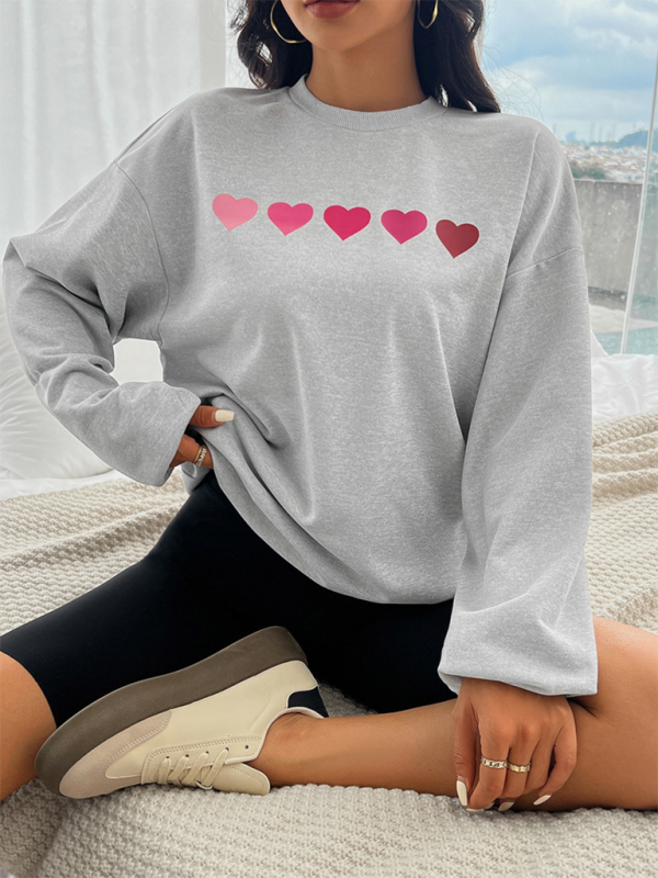 Sweatshirts- Lively Hearts Print Oversized Gray Sweatshirts