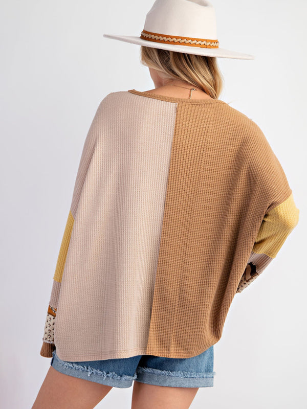 Sweatshirts - Multi-Texture Color Block Pullover Patchwork Sweatshirt