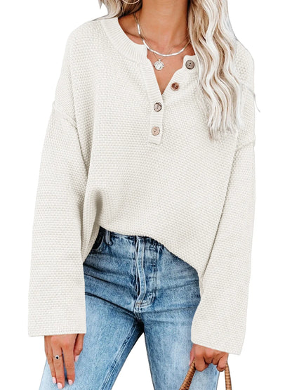 Sweatshirts- Oversized Henley Sweater Autumn Sweatshirt