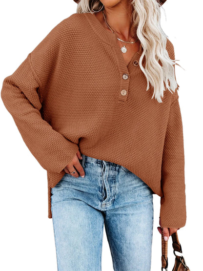 Sweatshirts- Oversized Henley Sweater Autumn Sweatshirt