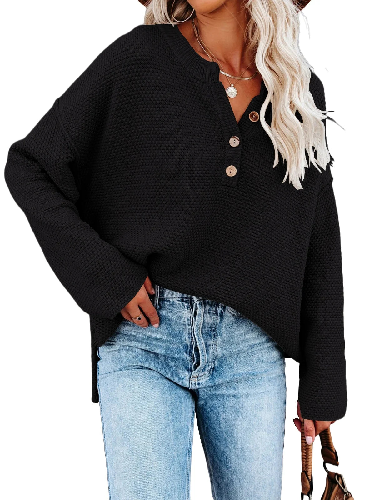 Sweatshirts- Oversized Henley Sweater Autumn Sweatshirt