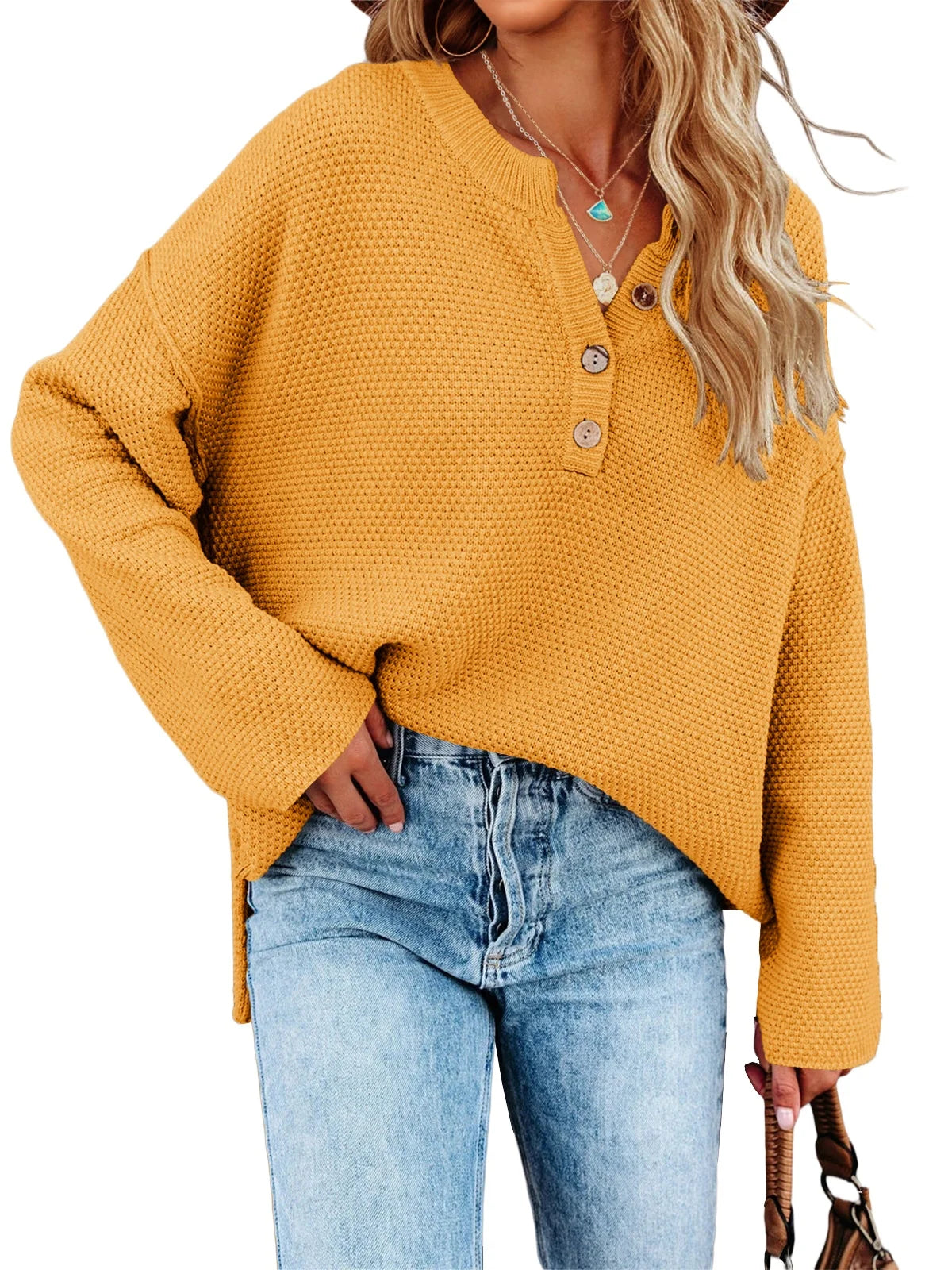 Sweatshirts- Oversized Henley Sweater Autumn Sweatshirt