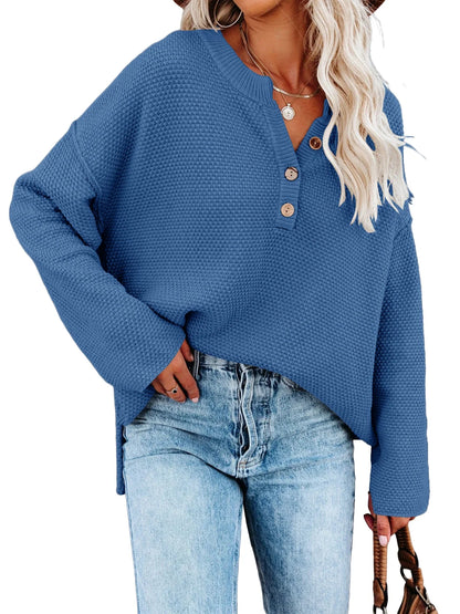 Sweatshirts- Oversized Henley Sweater Autumn Sweatshirt