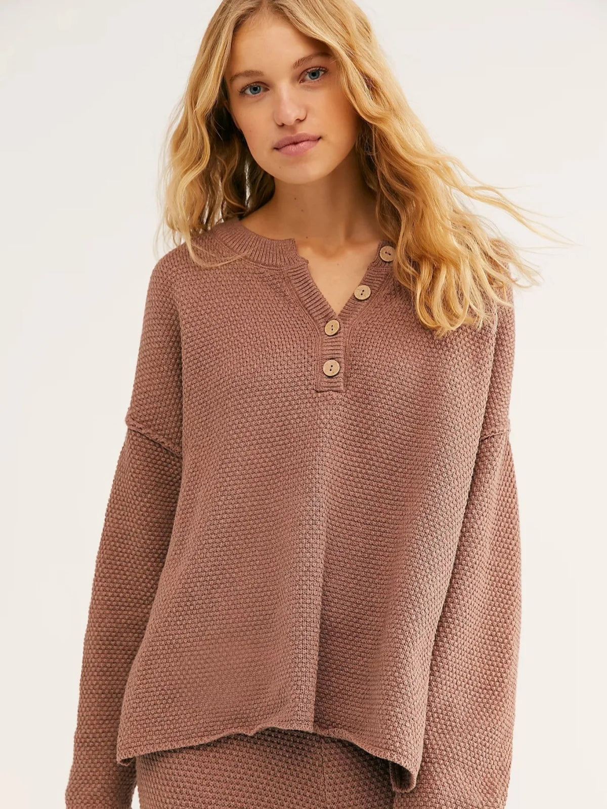 Sweatshirts- Oversized Henley Sweater Autumn Sweatshirt