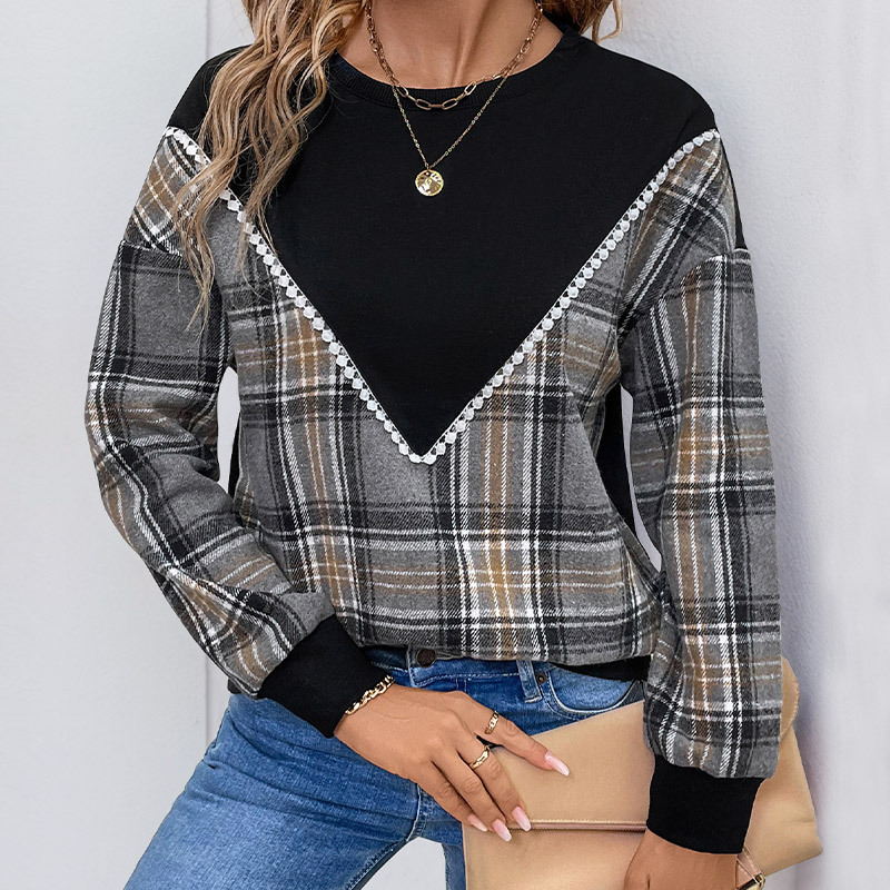 Sweatshirts - Plaid Contrast Patchwork Fall Sweatshirt