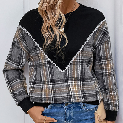 Sweatshirts - Plaid Contrast Patchwork Fall Sweatshirt