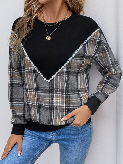 Sweatshirts - Plaid Contrast Patchwork Fall Sweatshirt