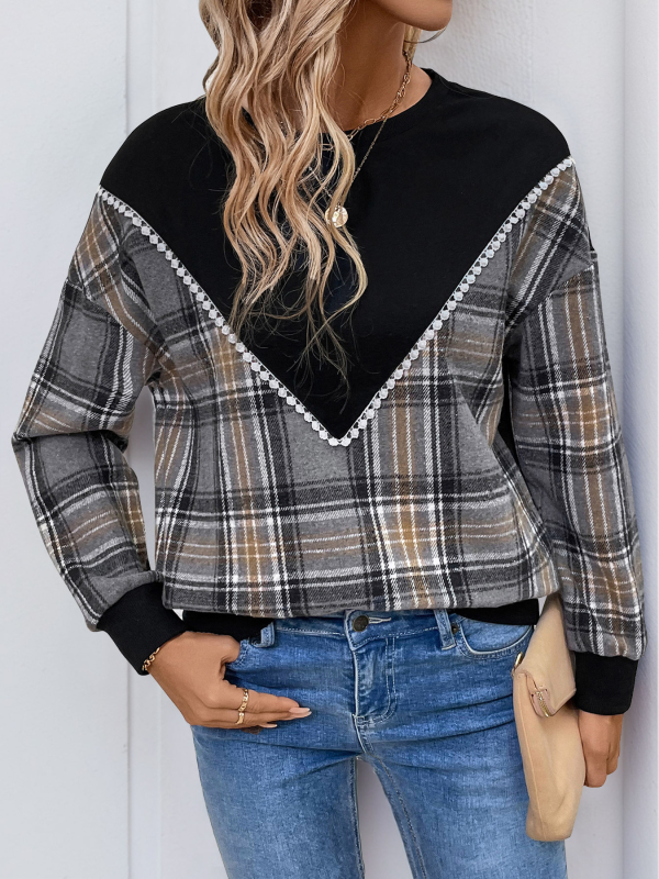 Sweatshirts - Plaid Contrast Patchwork Fall Sweatshirt