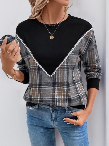 Sweatshirts - Plaid Contrast Patchwork Fall Sweatshirt