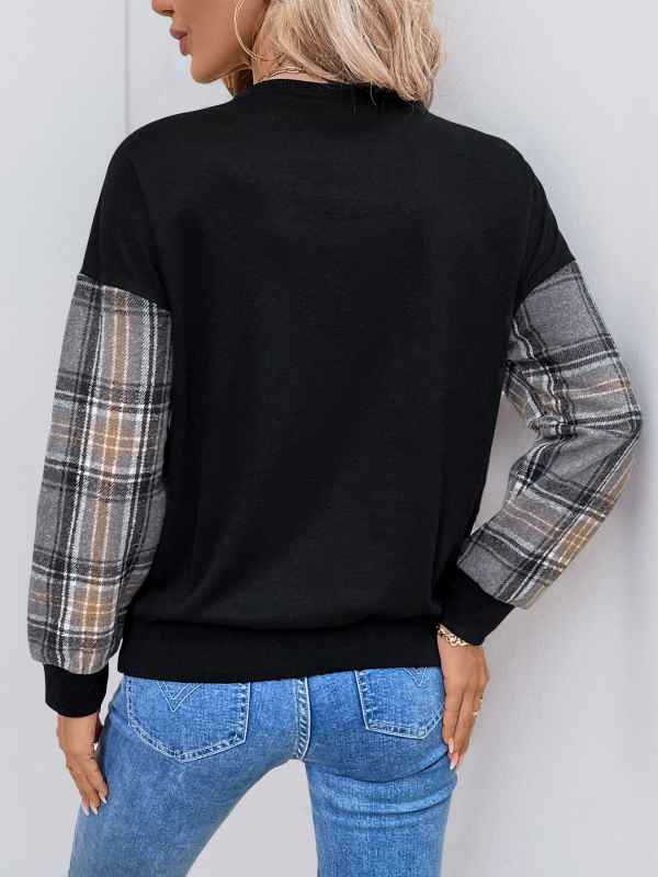 Sweatshirts - Plaid Contrast Patchwork Fall Sweatshirt