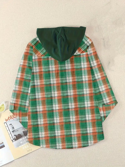 Sweatshirts- Plaid Cotton Hooded Shirt - Hoodie Sweatshirt- - Pekosa Women Clothing