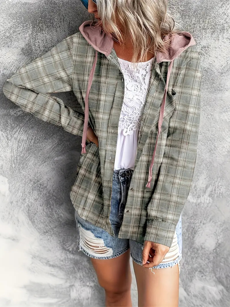 Sweatshirts- Plaid Cotton Hooded Shirt - Hoodie Sweatshirt- - Pekosa Women Clothing