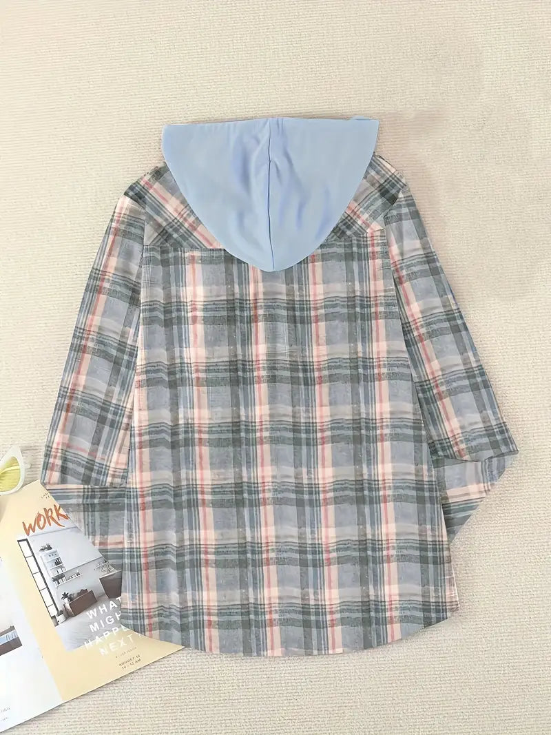 Sweatshirts- Plaid Cotton Hooded Shirt - Hoodie Sweatshirt- - Pekosa Women Clothing