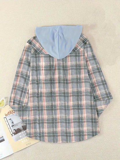 Sweatshirts- Plaid Cotton Hooded Shirt - Hoodie Sweatshirt- - Pekosa Women Clothing