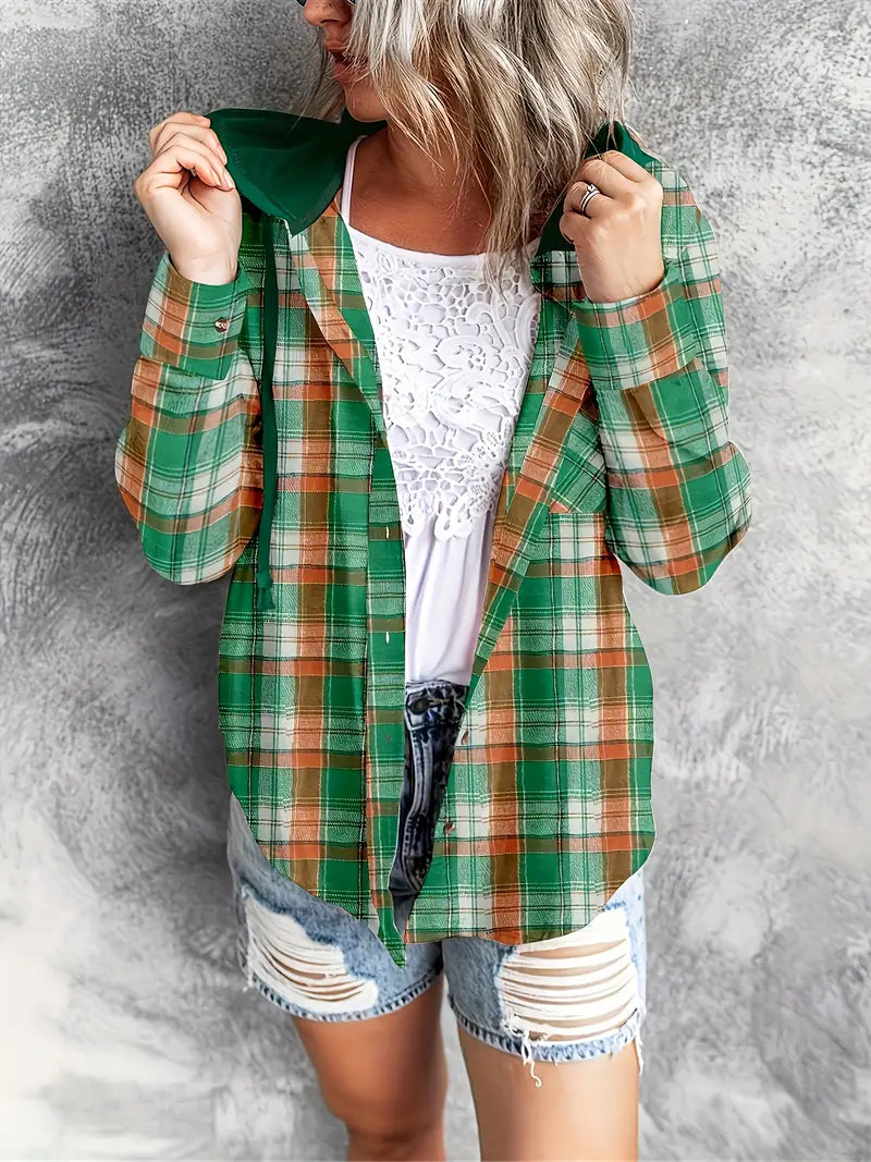 Sweatshirts- Plaid Cotton Hooded Shirt - Hoodie Sweatshirt- - Pekosa Women Clothing