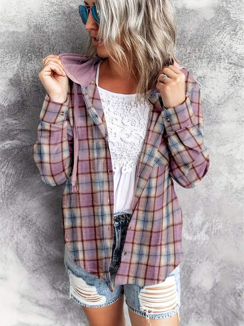 Sweatshirts- Plaid Cotton Hooded Shirt - Hoodie Sweatshirt- - Pekosa Women Clothing