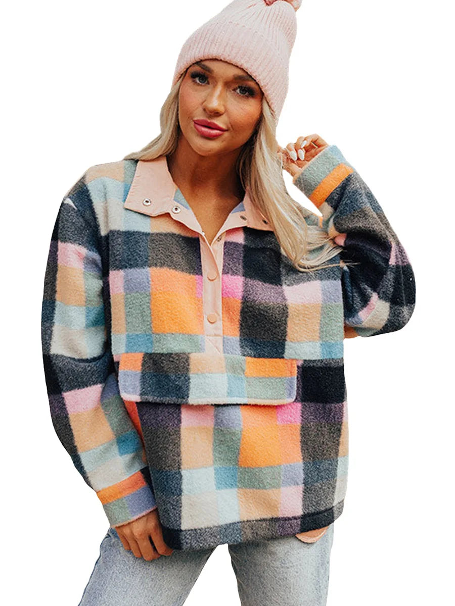 Sweatshirts-Plaid Fleece Quarter-Zip Pullovers