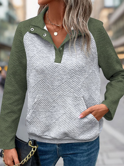 Sweatshirts- Women Quilted Herringbone Pullover for Everyday Wear- Olive green- Pekosa Women Fashion