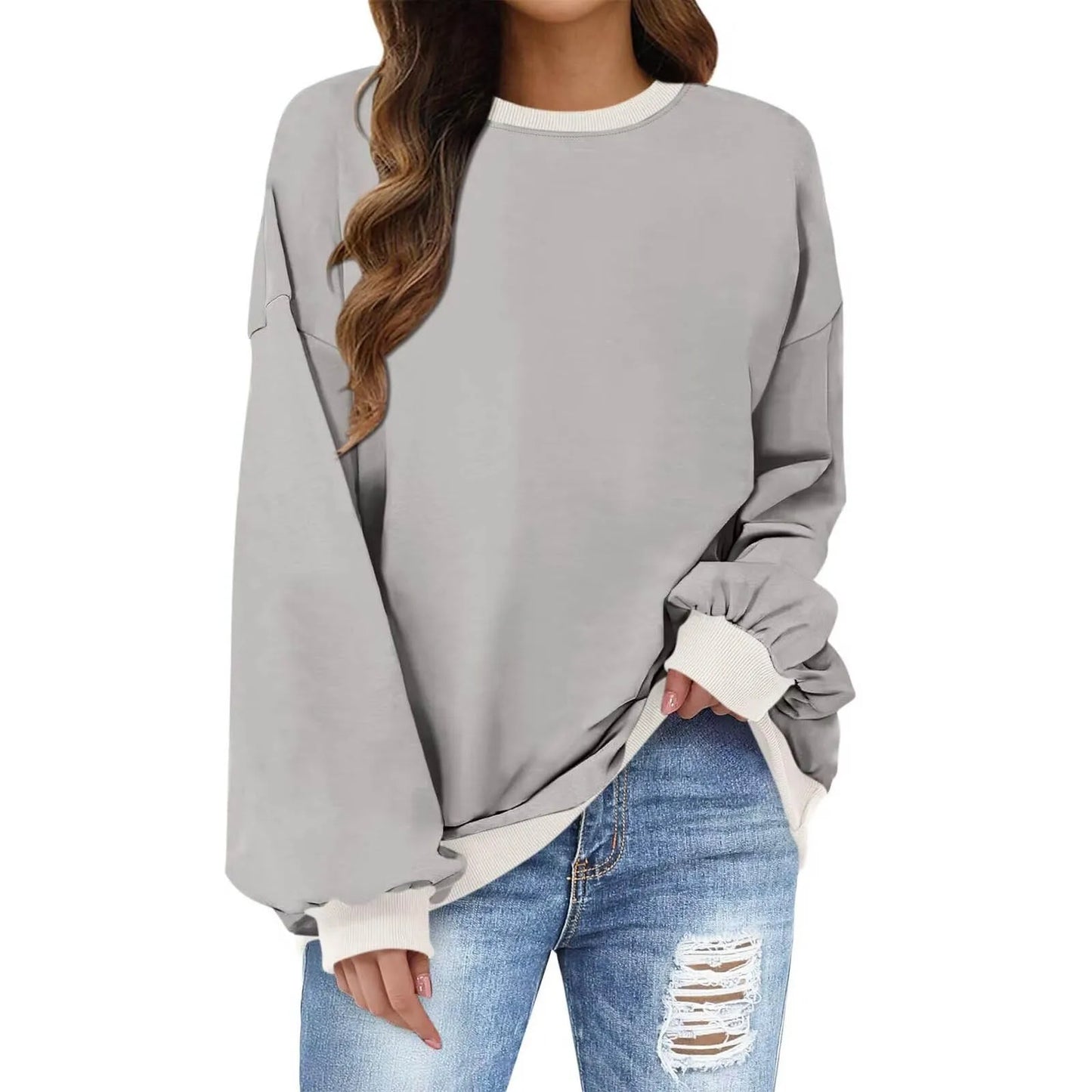 Sweatshirts- Women’s Crewneck Long-Sleeve Pullover - Loose Sweatshirt- Gray- Pekosa Women Fashion