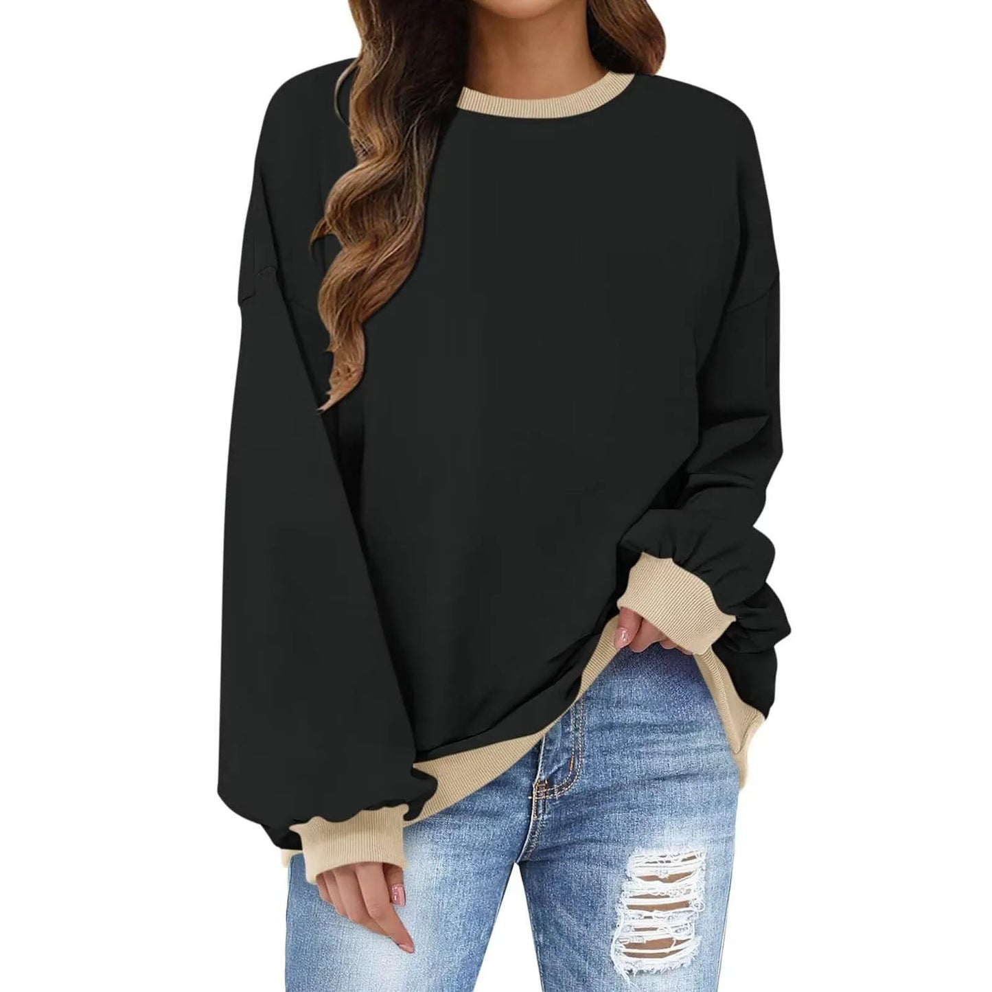 Sweatshirts- Women’s Crewneck Long-Sleeve Pullover - Loose Sweatshirt- Black- Pekosa Women Fashion