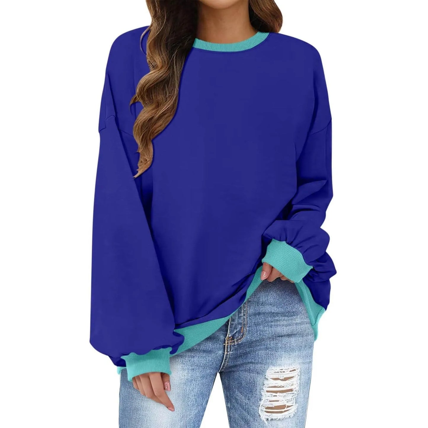 Sweatshirts- Women’s Crewneck Long-Sleeve Pullover - Loose Sweatshirt- Blue- Pekosa Women Fashion