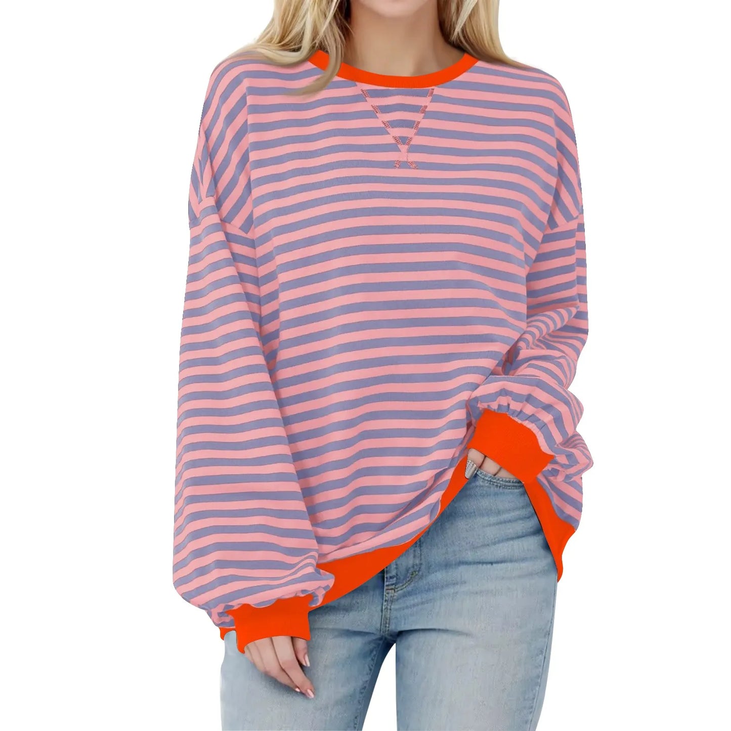 Sweatshirts- Women's Sporty Striped Drop Shoulder Sweatshirt- Saffron- Pekosa Women Fashion