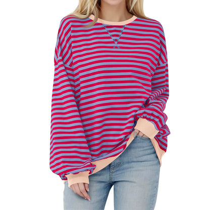 Sweatshirts- Women's Sporty Striped Drop Shoulder Sweatshirt- Purple Pink- Pekosa Women Fashion