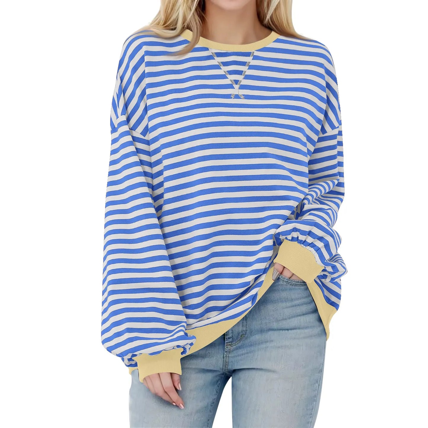 Sweatshirts- Women's Sporty Striped Drop Shoulder Sweatshirt- Light Blue- Pekosa Women Fashion