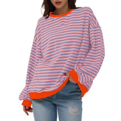 Sweatshirts- Women's Sporty Striped Drop Shoulder Sweatshirt- - Pekosa Women Fashion