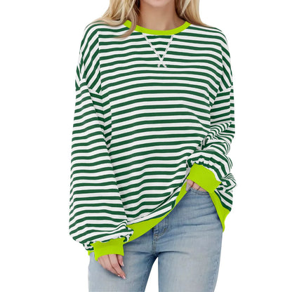 Sweatshirts- Women's Sporty Striped Drop Shoulder Sweatshirt- Light Green- Pekosa Women Fashion