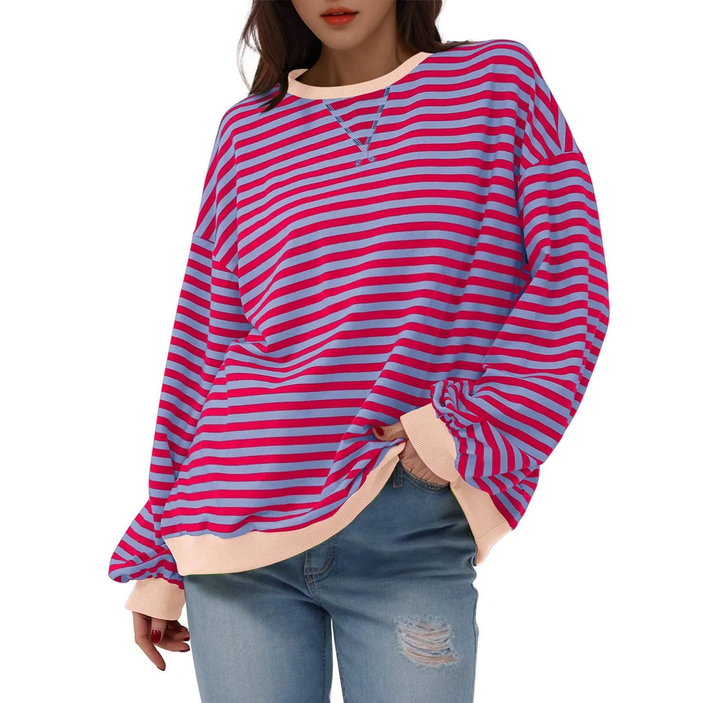 Sweatshirts- Women's Sporty Striped Drop Shoulder Sweatshirt- - Pekosa Women Fashion