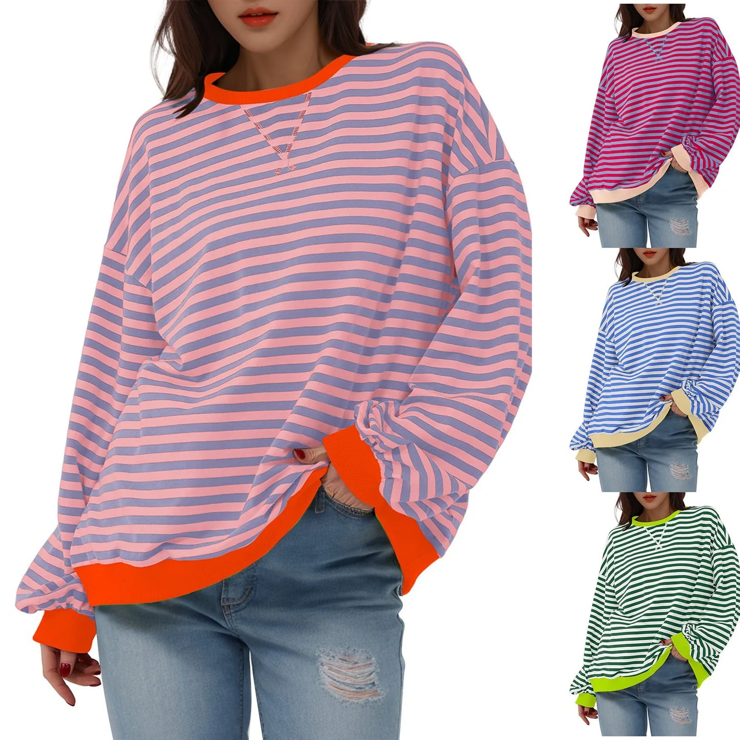 Sweatshirts- Women's Sporty Striped Drop Shoulder Sweatshirt- - Pekosa Women Fashion