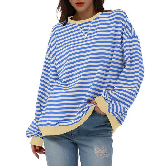 Sweatshirts- Women's Sporty Striped Drop Shoulder Sweatshirt- - Pekosa Women Fashion